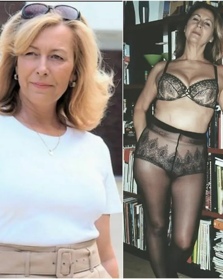 Photo composite : à gauche, femme aux cheveux blonds portant un t-shirt blanc ; à droite, la même femme en lingerie noire et collants, devant une bibliothèque.